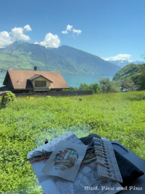 Cross stitching and enjoying the view form the train window